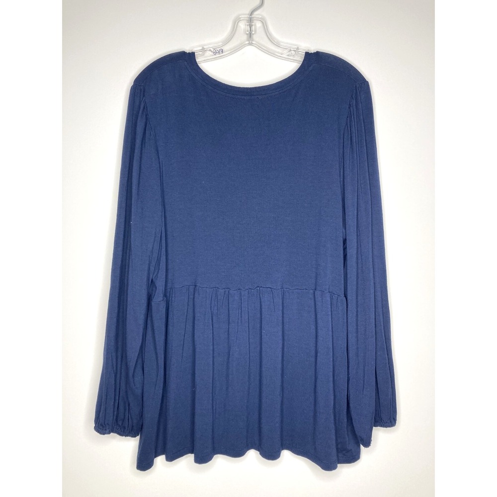 WONDERLY Blouse Women 1X Empire Waist V-Neck Tassel Accent Elastic Wrist Navy - Picture 5 of 5
